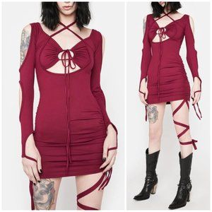 NWT Dolls Kill Cutout Long Sleeve Halter Neck Mini Dress Dark Red Festival Goth